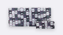 Load image into Gallery viewer, Cats Deskpad in Tuxedo, a monochrome black/white/gray cartoon cat pattern, shown in 900x400 and 160x400 sizes