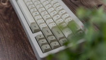 Load image into Gallery viewer, GMK MTNU Beige keycaps on white 65% IRL Edition keyboard, angled right side view with green plant in foreground on dark wood