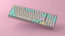 Load image into Gallery viewer, render of GMK CYL Analog Dreams R3 keycaps on a KC No.1 1800 keyboard, angled full view over a pink background