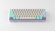 Load image into Gallery viewer, render of GMK CYL Analog Dreams R3 keycaps on a KC Zero 60% keyboard, front view with Latin legends and a purple base