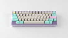 Load image into Gallery viewer, render of GMK CYL Analog Dreams R3 keycaps on a KC Zero 60% keyboard, front view with Japanese hiragana legends and a purple base