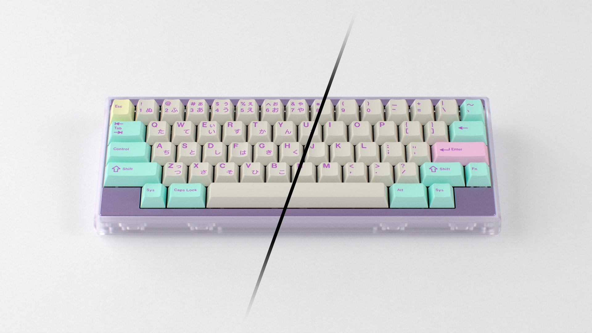 render of GMK CYL Analog Dreams R3 keycaps on a 60% keyboard, split view showing Latin and Japanese hiragana legends in pastel mint, cream, and purple