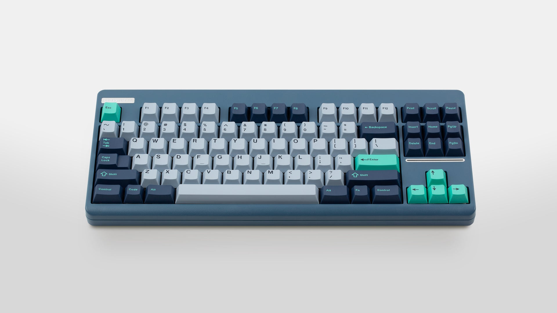 GMK CYL Hammerhead Small Batch keycaps on slate blue TKL keyboard with teal Enter and arrow accent keys, frontal top-down view