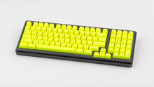Load image into Gallery viewer, GMK CYL Hi! Viz R2 neon yellow keycaps on gray Classic TKL keyboard, macro texture