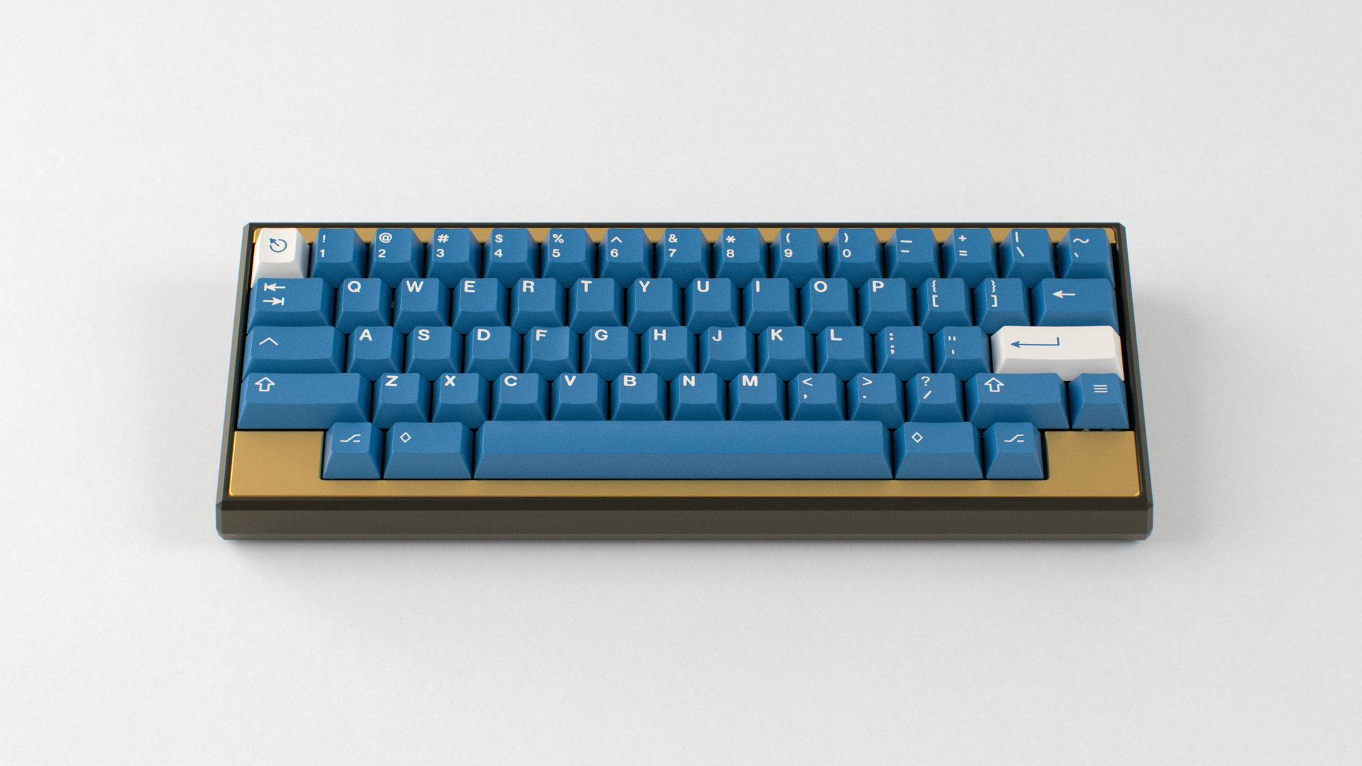 render of GMK CYL Masterpiece R2 keycaps on gold Zero keyboard with Latin legends, frontal view