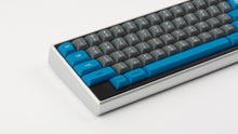 Load image into Gallery viewer, GMK MTNU Space Cadet on a silver Keycult Zero keyboard with black accent bars close up on left side angled