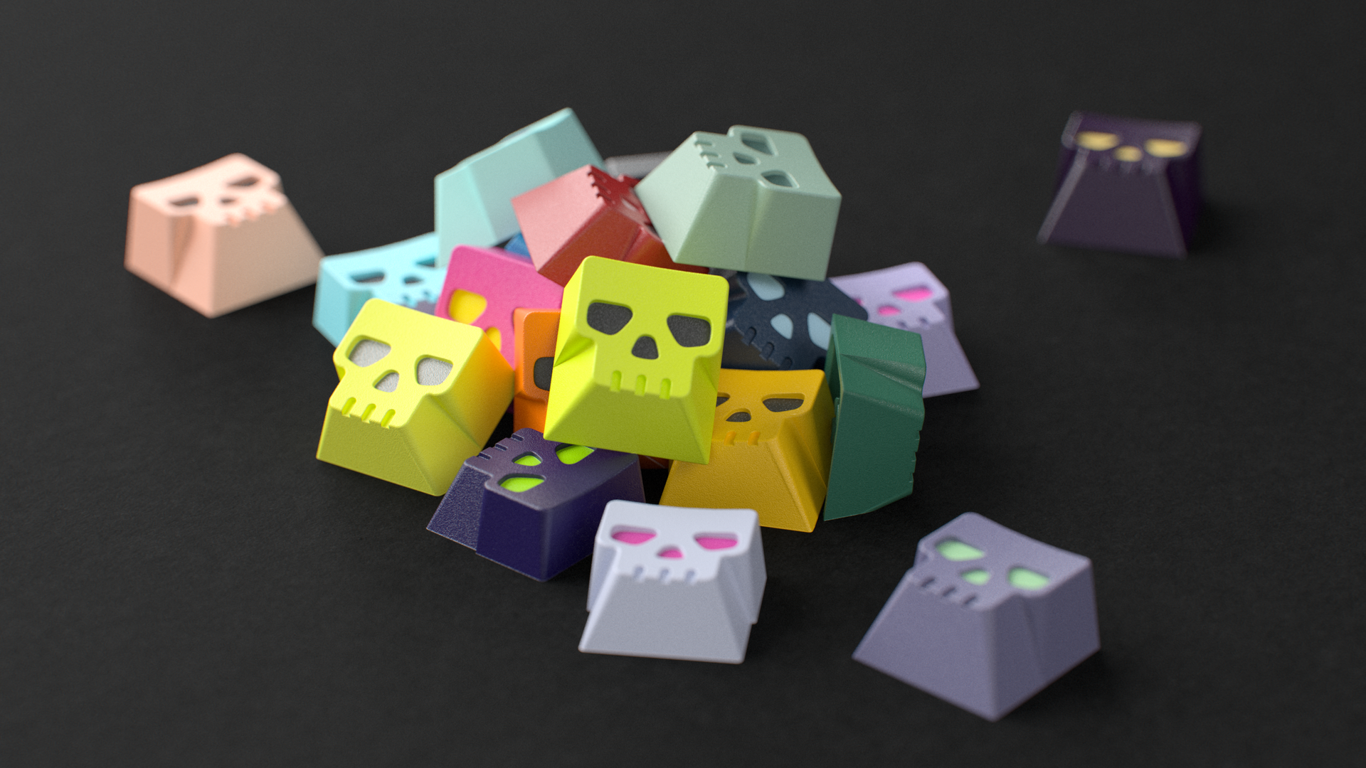 Render of GMK Centinela Fan Favorites keycaps on a cluster numpad, angled view