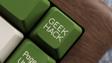 Load image into Gallery viewer, Render of DCS Cream Cheese R3 keycaps on purple keyboard, artistic angle with bokeh background