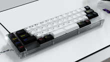 Load image into Gallery viewer, Render of GMK CYL Colorchrome on clear keyboard on top of a colorchrome deskpad
